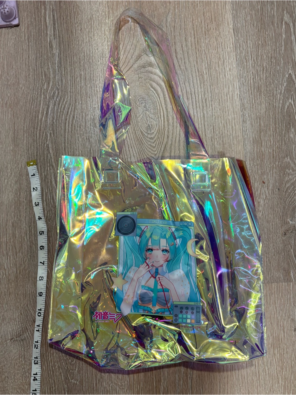 Holographic Iridescent Tote Bag with Hatsune Miku Anime Panel